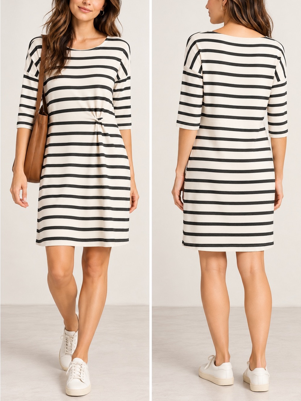 Cupcakes & Cashmere Cream Gray Striped Ruched Waist 3/4 Sleeve Dress XS